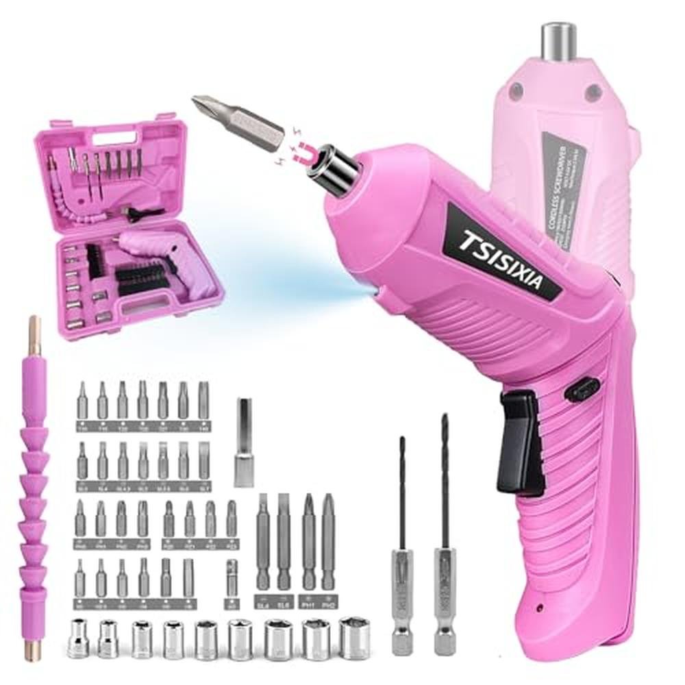 Pink Electric Screwdriver: Cordless 47pcs 3.6V USB – Front View