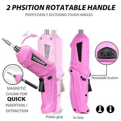 Pink Electric Screwdriver: Cordless 47pcs 3.6V USB – Side View