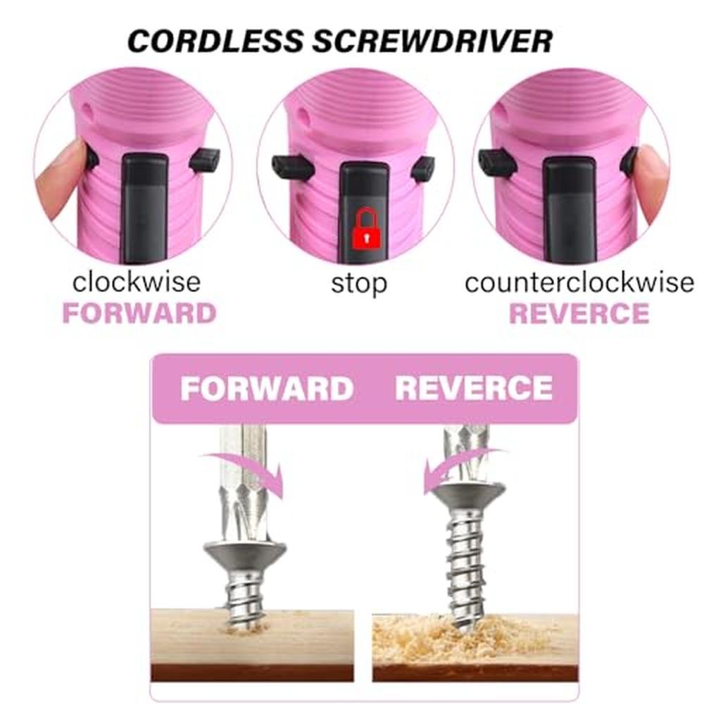 Pink Electric Screwdriver: Cordless 47pcs 3.6V USB – In Use