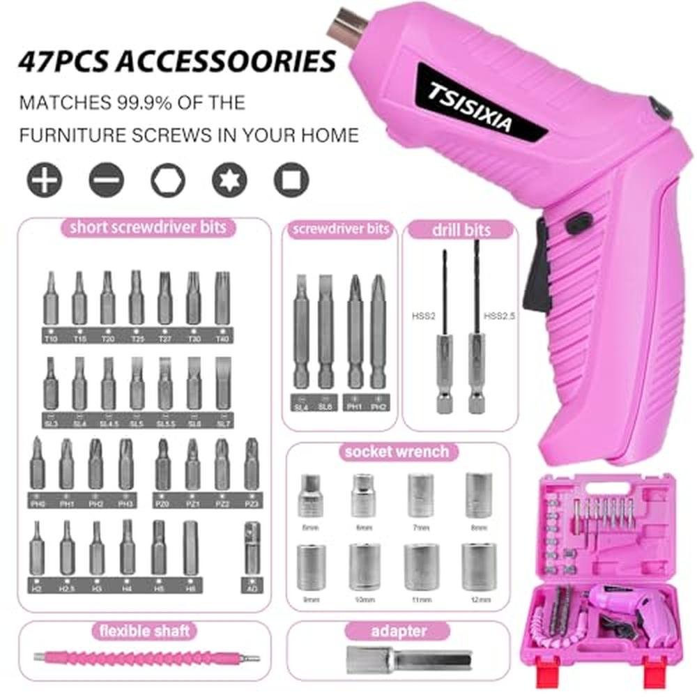 Pink Electric Screwdriver: Cordless 47pcs 3.6V USB – Packaging