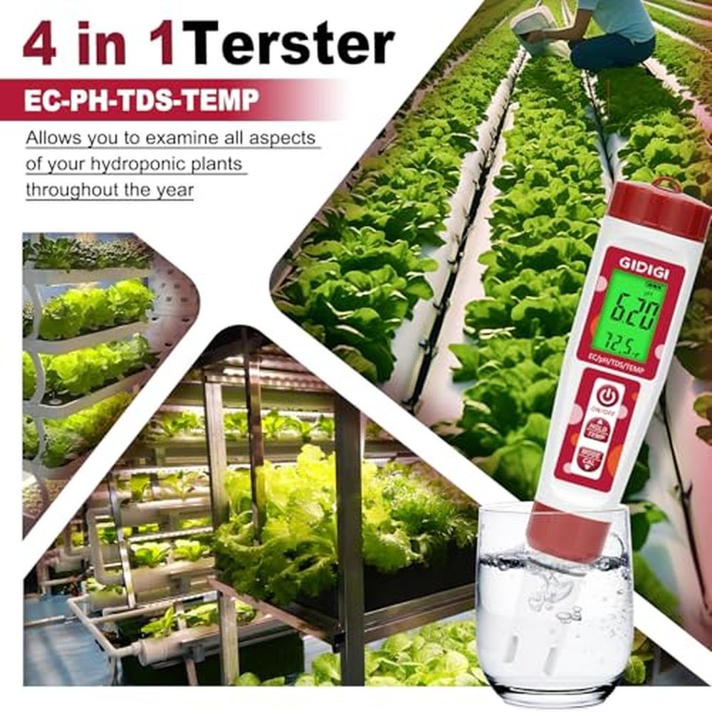 Water Testing Solution: GIDIGI 4-in-1 EC PPM Temp pH Tester – Side View