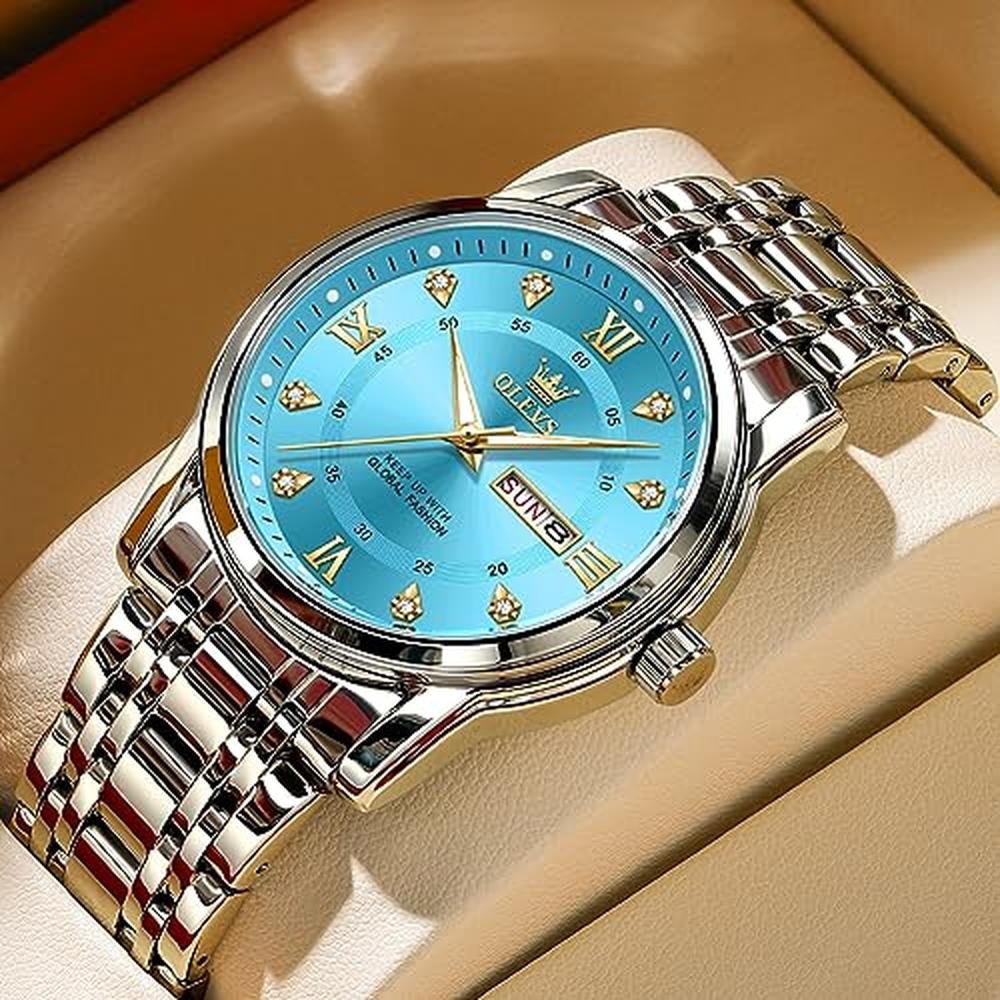 Men's Olevs Watch: Olevs Blue Analog Diamond – Close-up Detail