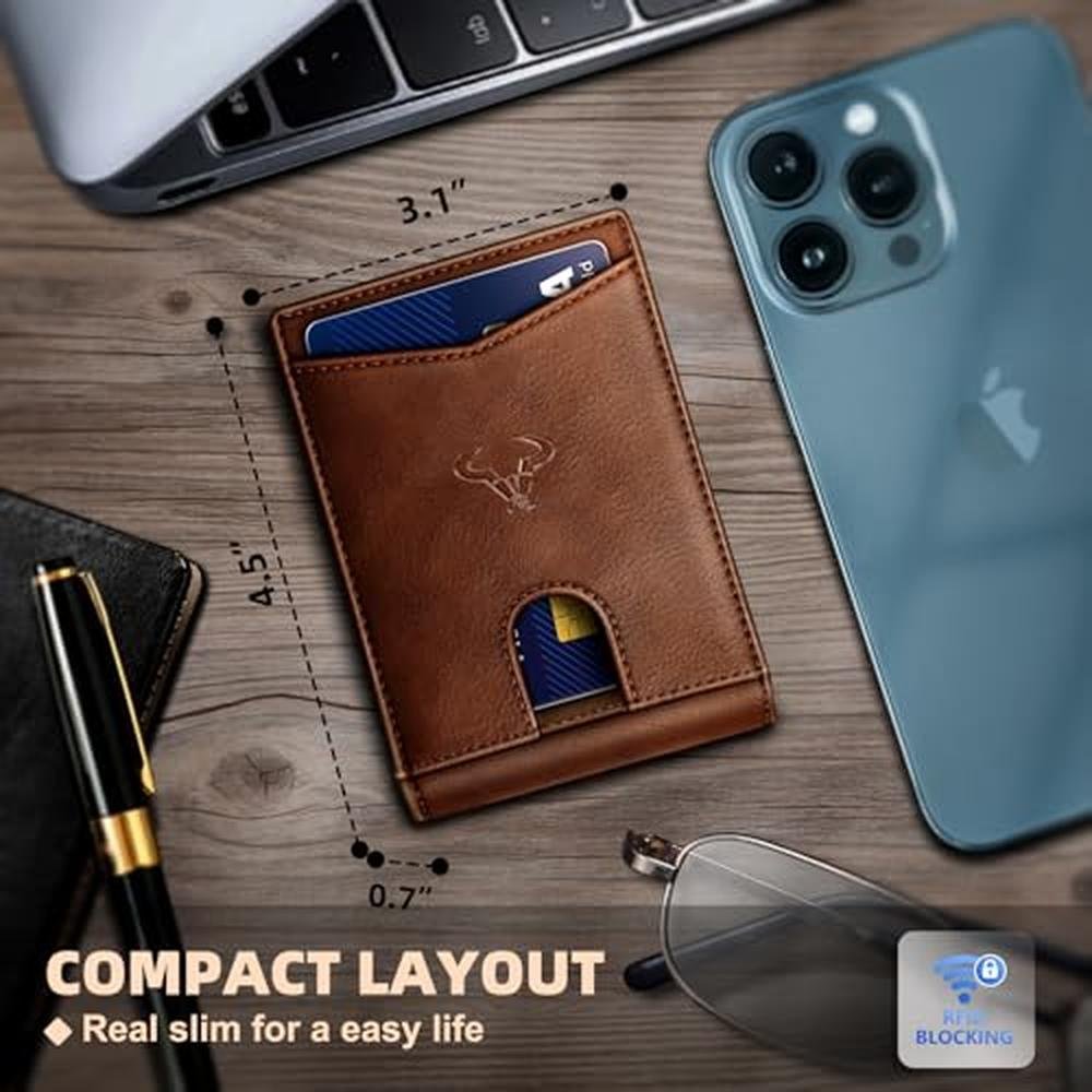 BULLIANT Men Wallet: Slim Leather Wallet Front Pocket Card – Close-up Detail