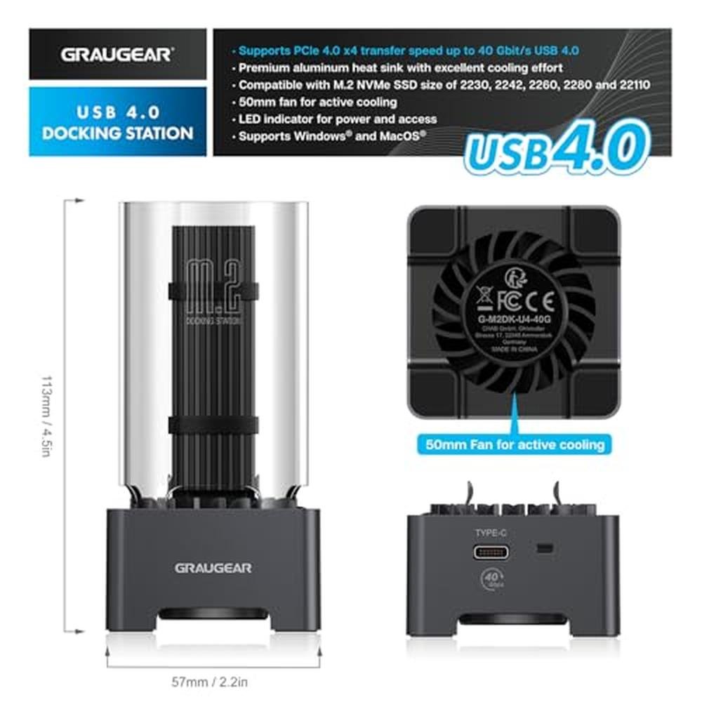 GRAUGEAR Docking Station: 40Gbps M.2 NVMe SSD Enclosure – Side View