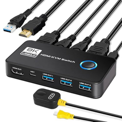 KVM Monitor: 8K@60Hz HDMI 2.1 KVM Switches with 3 USB 3.0 – Front View