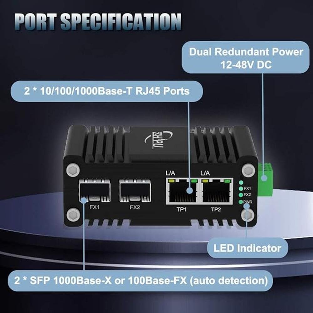 Mini Industrial 2 Port Ethernet Switch with 2 SFP Slot – Close-up Detail