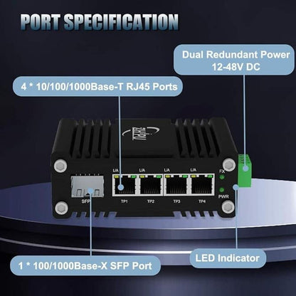 Industrial Gigabit 4 Ports Ethernet Switch with 1 SFP Slot – Side View
