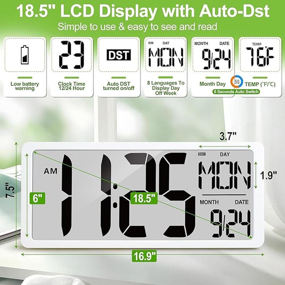 Wall Clock: 18-5 Extra Large Digital Wall Clock Battery – Side View