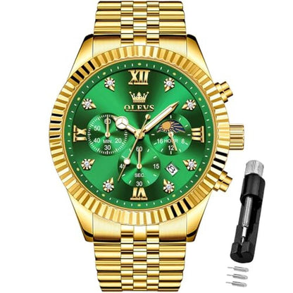 Men Watch: OLEVS Green Moon Phase Classic Stainless Steel – Front View