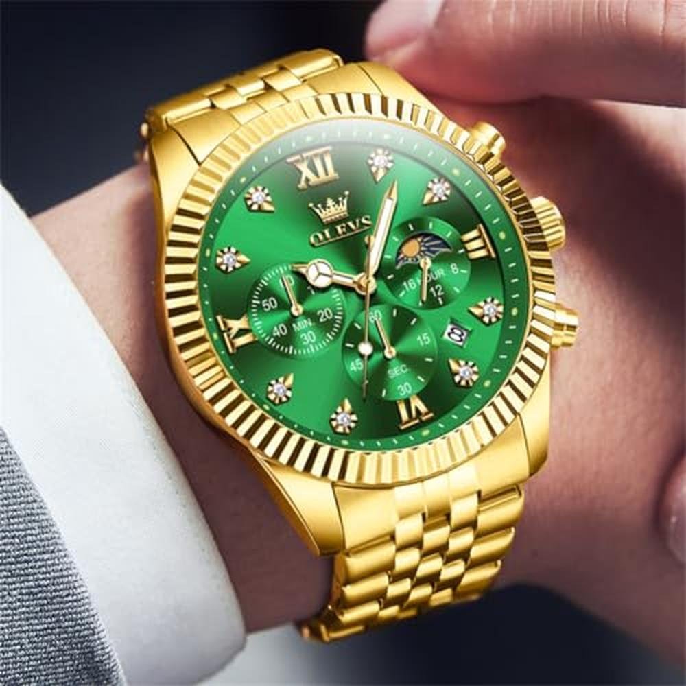 Men Watch: OLEVS Green Moon Phase Classic Stainless Steel – Side View