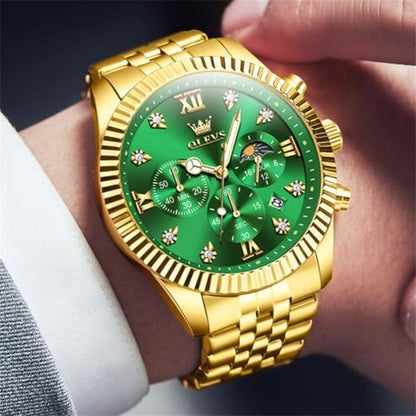 Men Watch: OLEVS Green Moon Phase Classic Stainless Steel – Side View