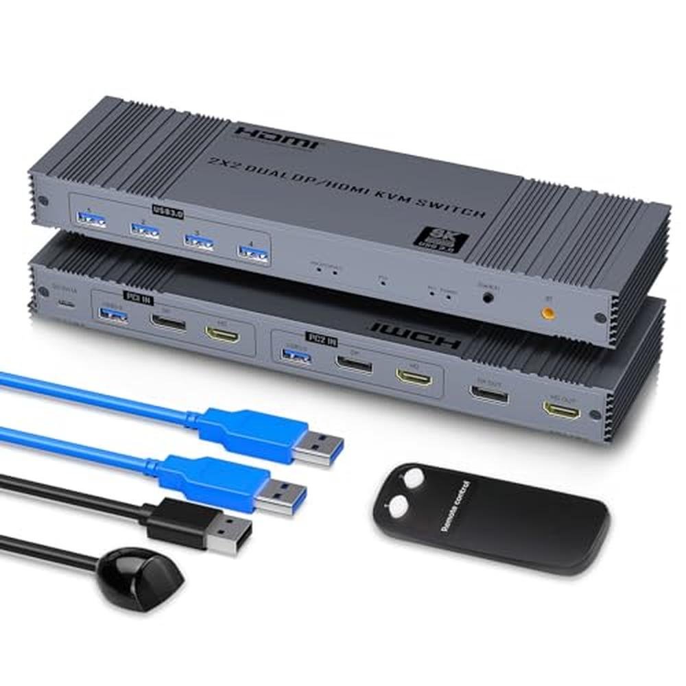 KVM Switch: 8K HDMI and DisplayPort Dual Monitor Switcher – Front View
