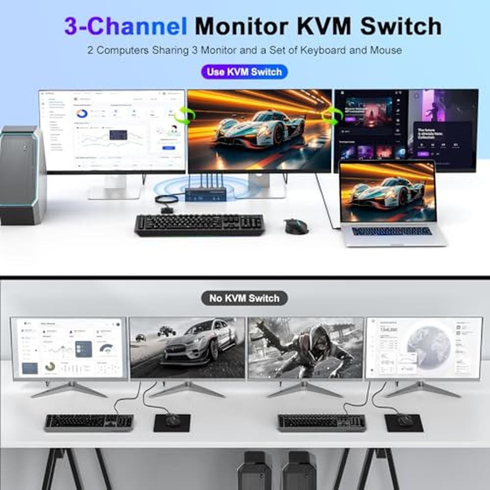 KVM Switch: 4K 3-Monitor 2-Computer DisplayPort and HDMI – Side View