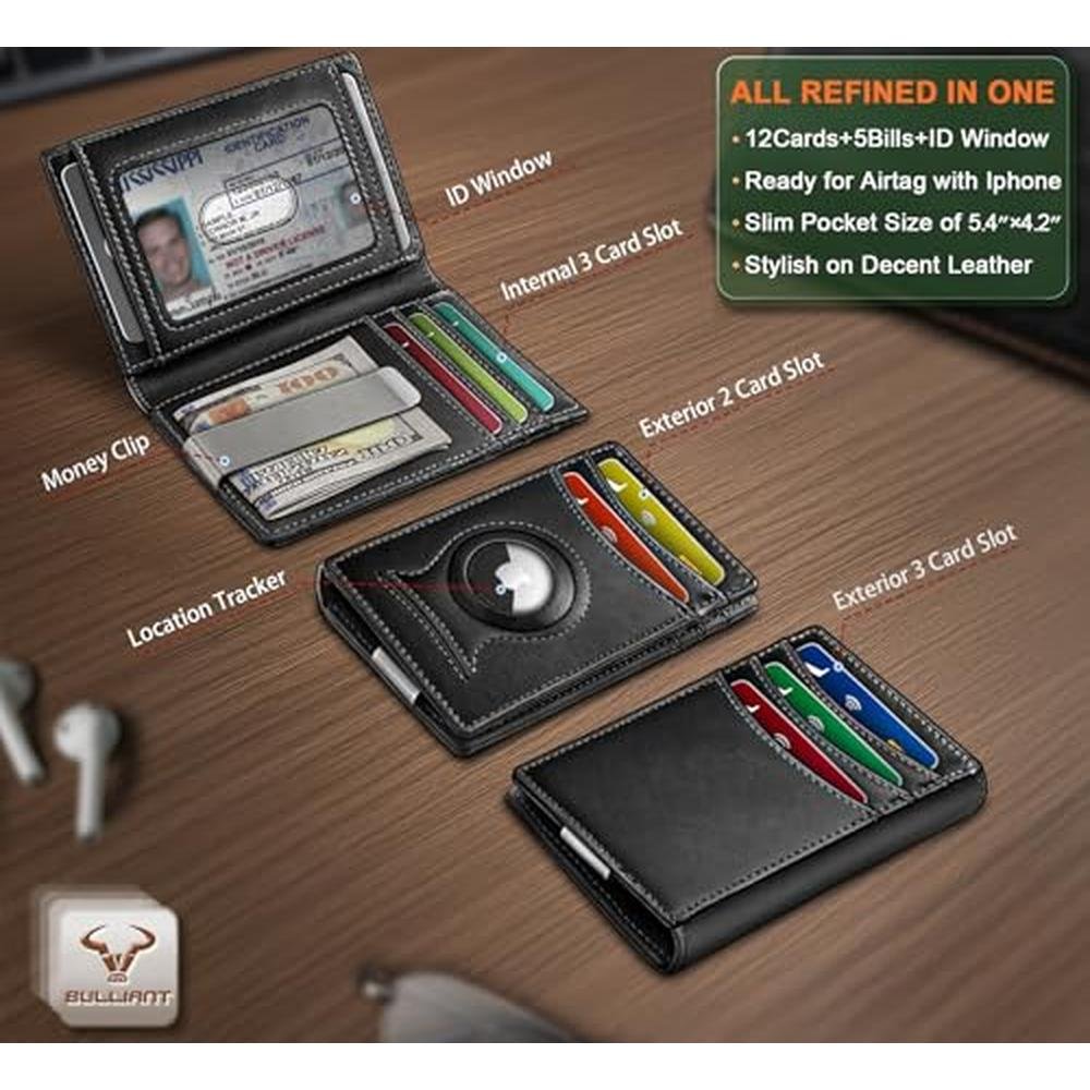 BULLIANT Men Airtag Wallet: Slim Wallet Money Clip Card – Side View