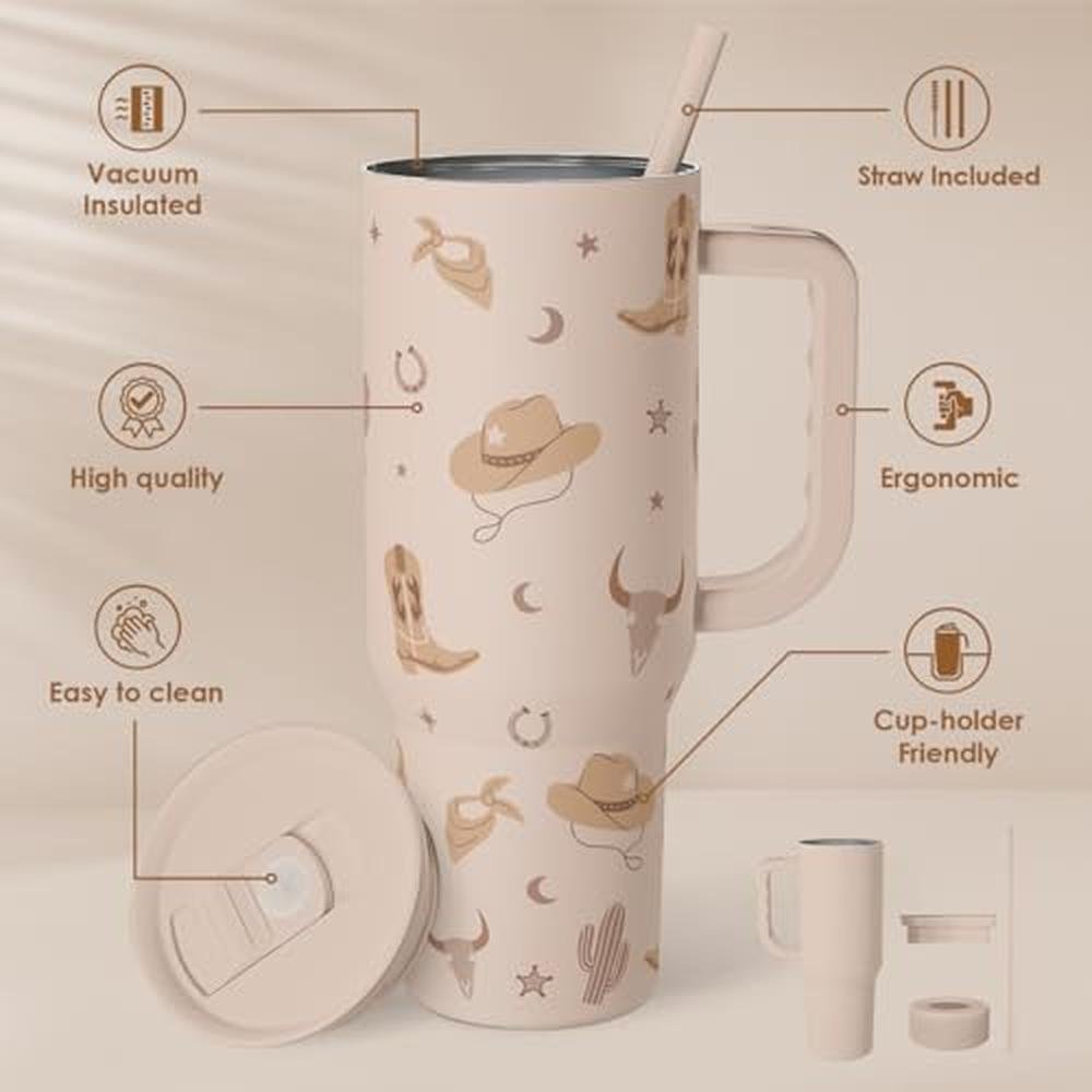 Cowgirl Tumbler: 40oz Stainless Steel Travel Coffee Mug – Side View