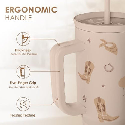 Cowgirl Tumbler: 40oz Stainless Steel Travel Coffee Mug – Close-up Detail