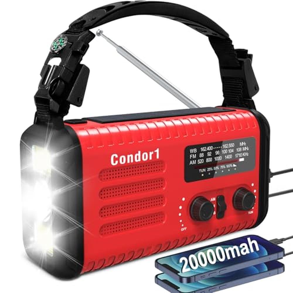 Emergency Weather Radio: 20000mAh Solar Hand Crank NOAA AM – Front View