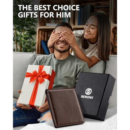 Mens Genuine Leather Bifold RFID Blocking Wallet with 14 – Packaging