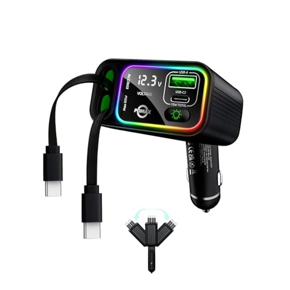 Retractable Car Charger: PDMAX 4 in 1 USB C 145W Type C Car – Front View