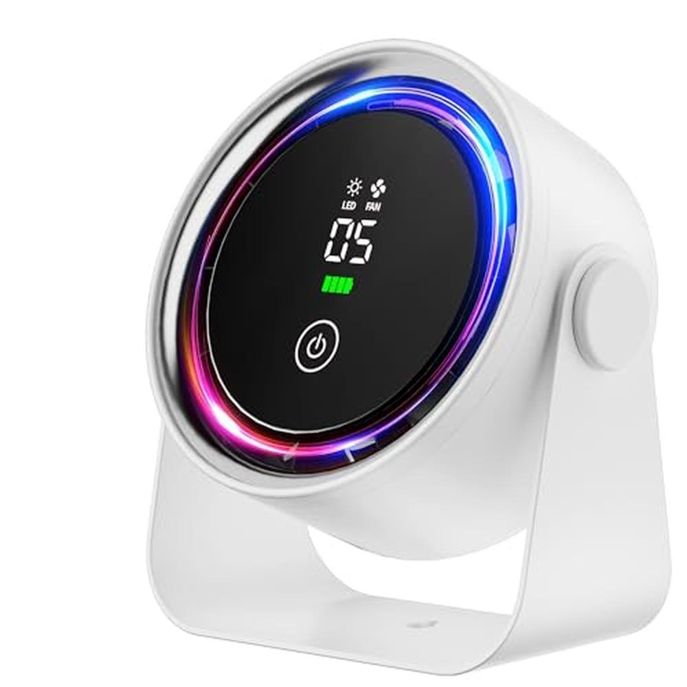 Small Desk Fan: Battery Powered White Low Noise Quiet Smart – Front View