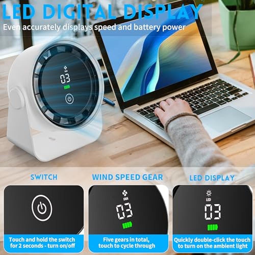 Small Desk Fan: Battery Powered White Low Noise Quiet Smart – Side View