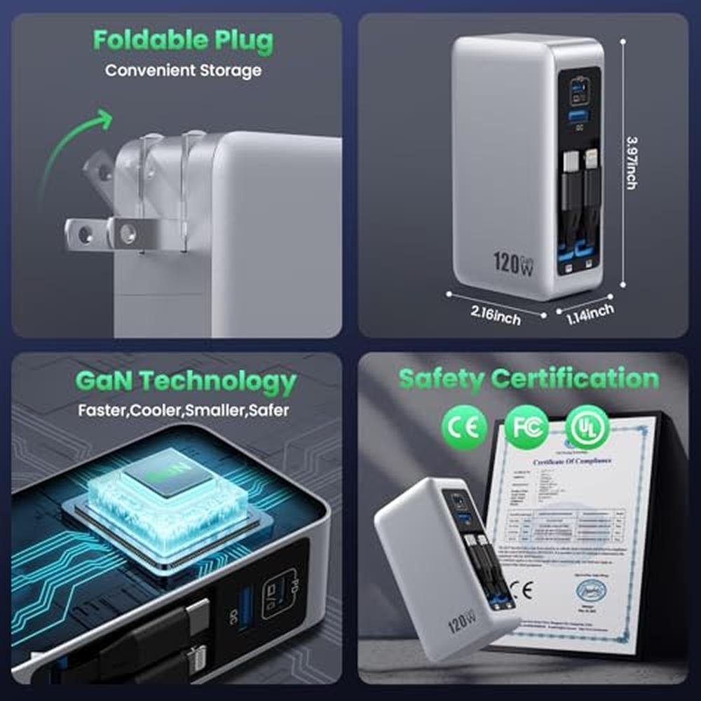 120W USB C Charger Block: 4-in-1 GaN IV Foldable Plug – In Use