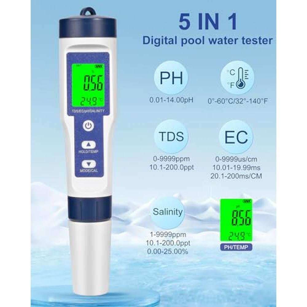 Digital Pool Salt Tester for Saltwater Pools: 5-in-1 – Side View