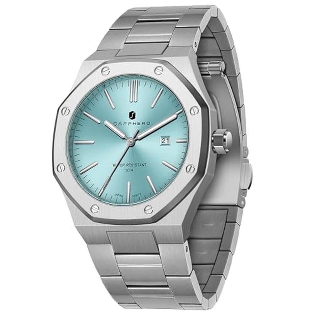 Men Watch: SAPPHERO Stainless Steel Octagonal Date Quartz – Front View
