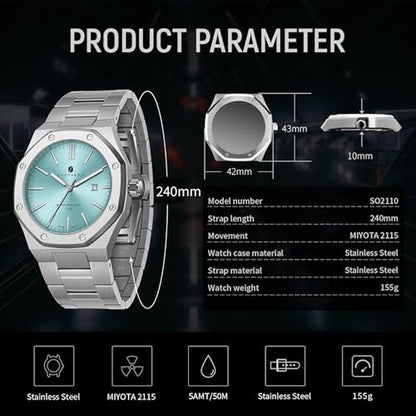 Men Watch: SAPPHERO Stainless Steel Octagonal Date Quartz – In Use