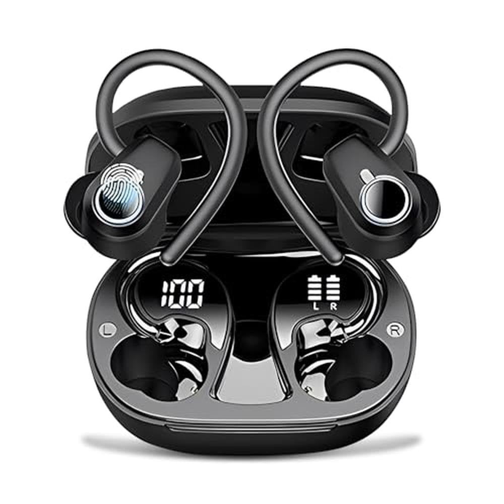 PWTEK Earbuds: Wireless Bluetooth 5.3 with Earhooks – Front View