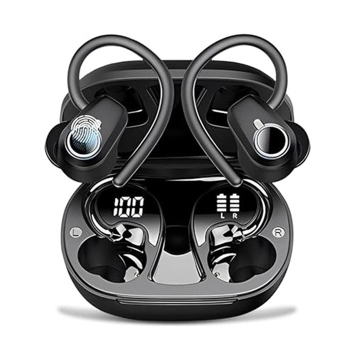 PWTEK Earbuds: Wireless Bluetooth 5.3 with Earhooks – Front View
