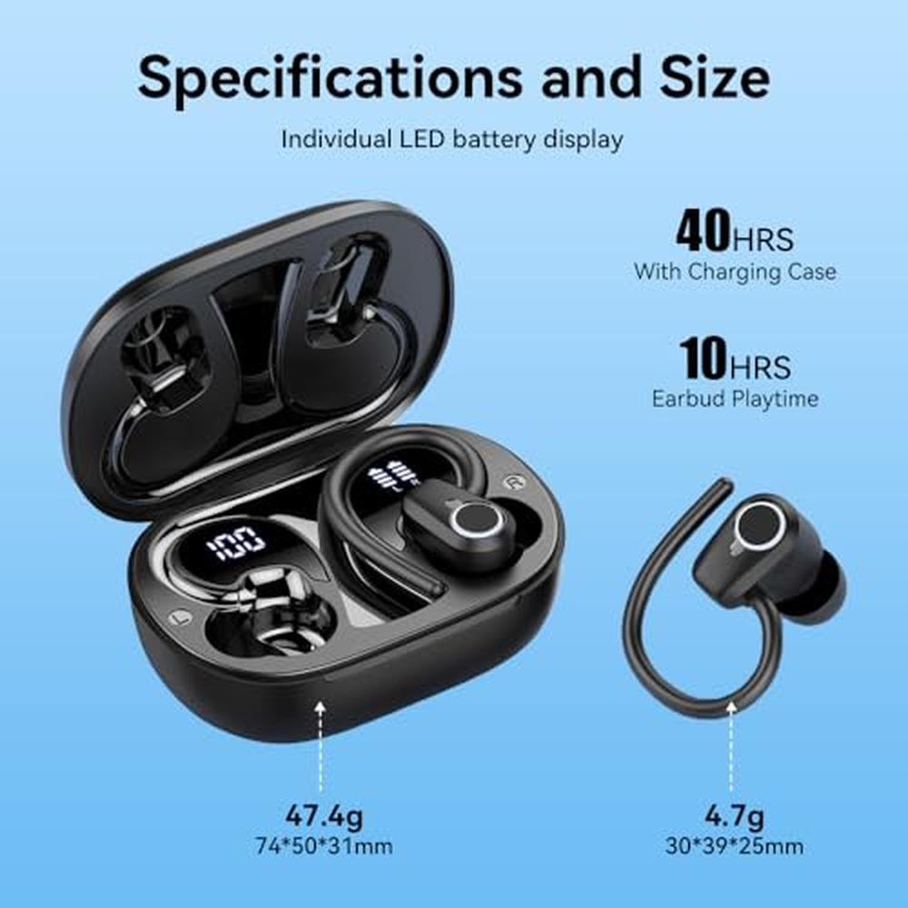PWTEK Earbuds: Wireless Bluetooth 5.3 with Earhooks – Side View
