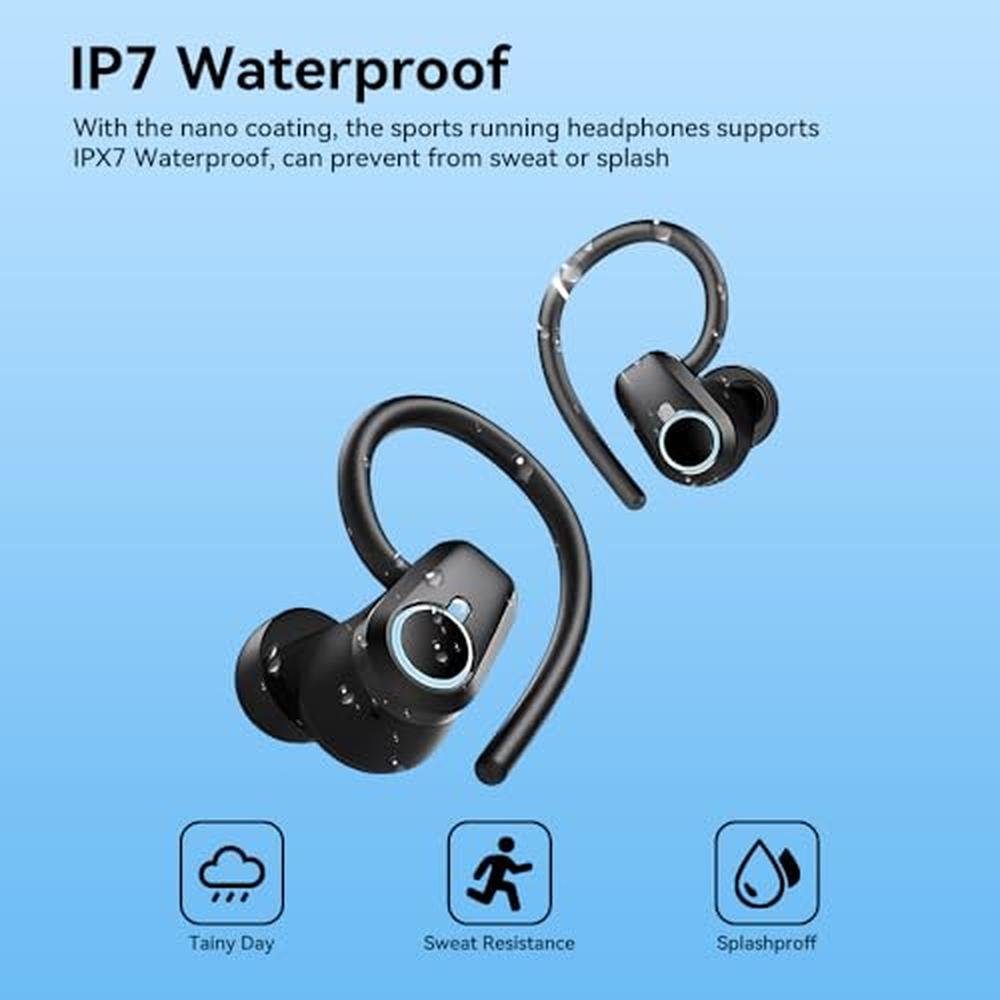 PWTEK Earbuds: Wireless Bluetooth 5.3 with Earhooks – In Use