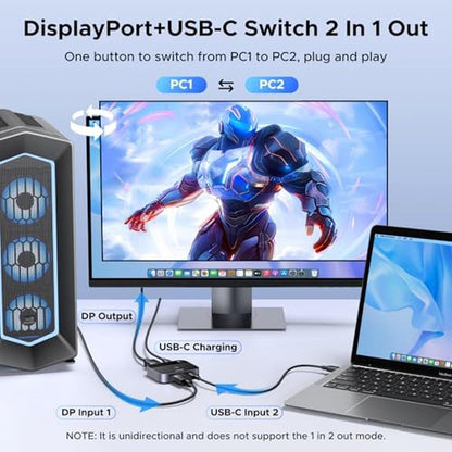 8K@60Hz DisplayPort+USB C Switch 2 in 1 Out DP 1.4 Out – Side View