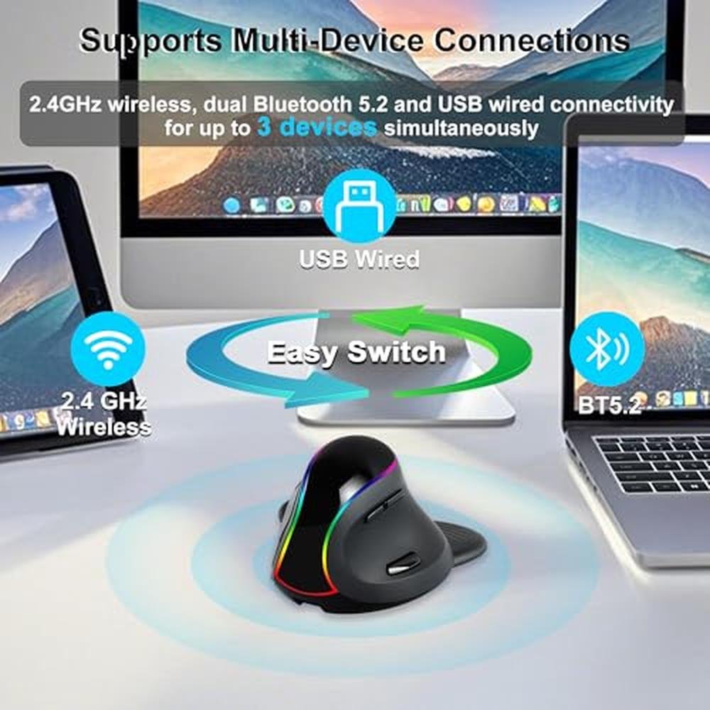 Ergonomic Vertical Mouse Wireless RGB Tri-Mode – Side View