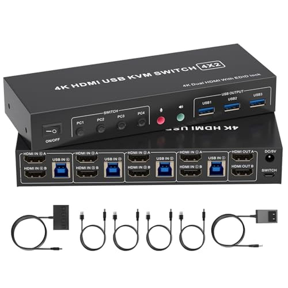 KVM Switch: 4K HDMI Dual Monitor 2 Port KVM Switches for 4 – Front View