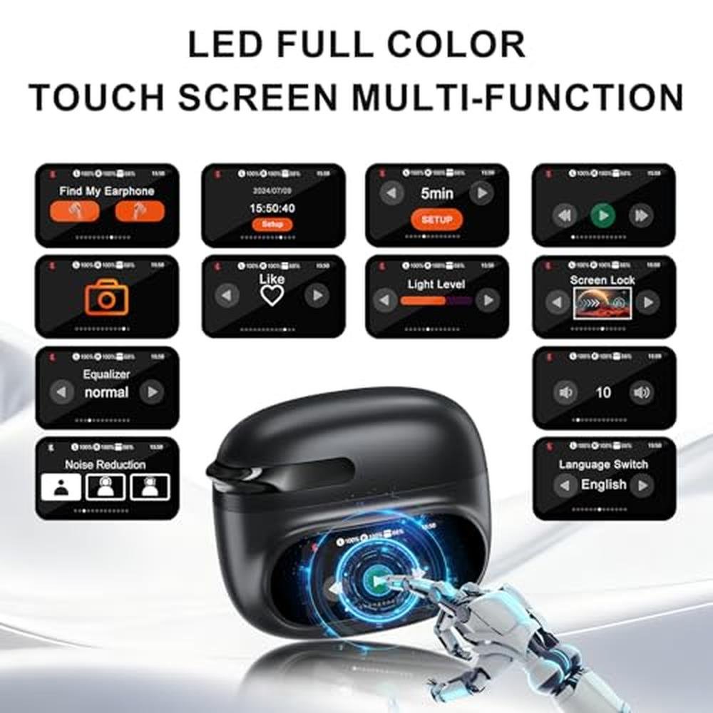 Translation Earbuds: AI-Powered Real-Time LCD Touchscreen – Side View