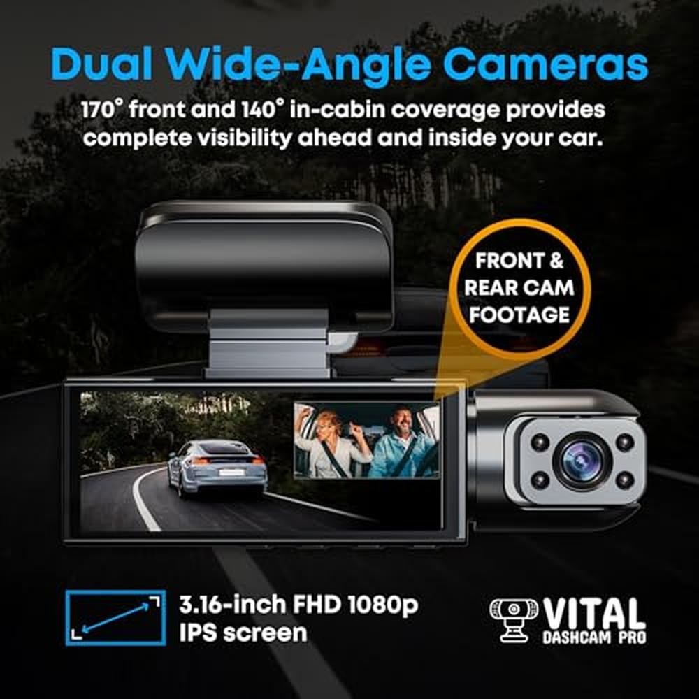 Vital Dashcam Pro 2025: Dual Car Camera with Night Vision – Side View
