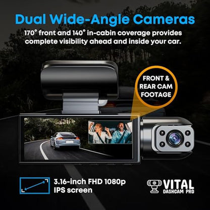 Vital Dashcam Pro 2025: Dual Car Camera with Night Vision – Side View
