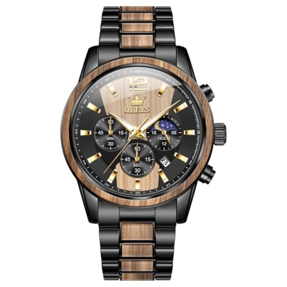 OLEVS Men Watch Analog Quartz Wood Wirst Watches Luxury – Front View