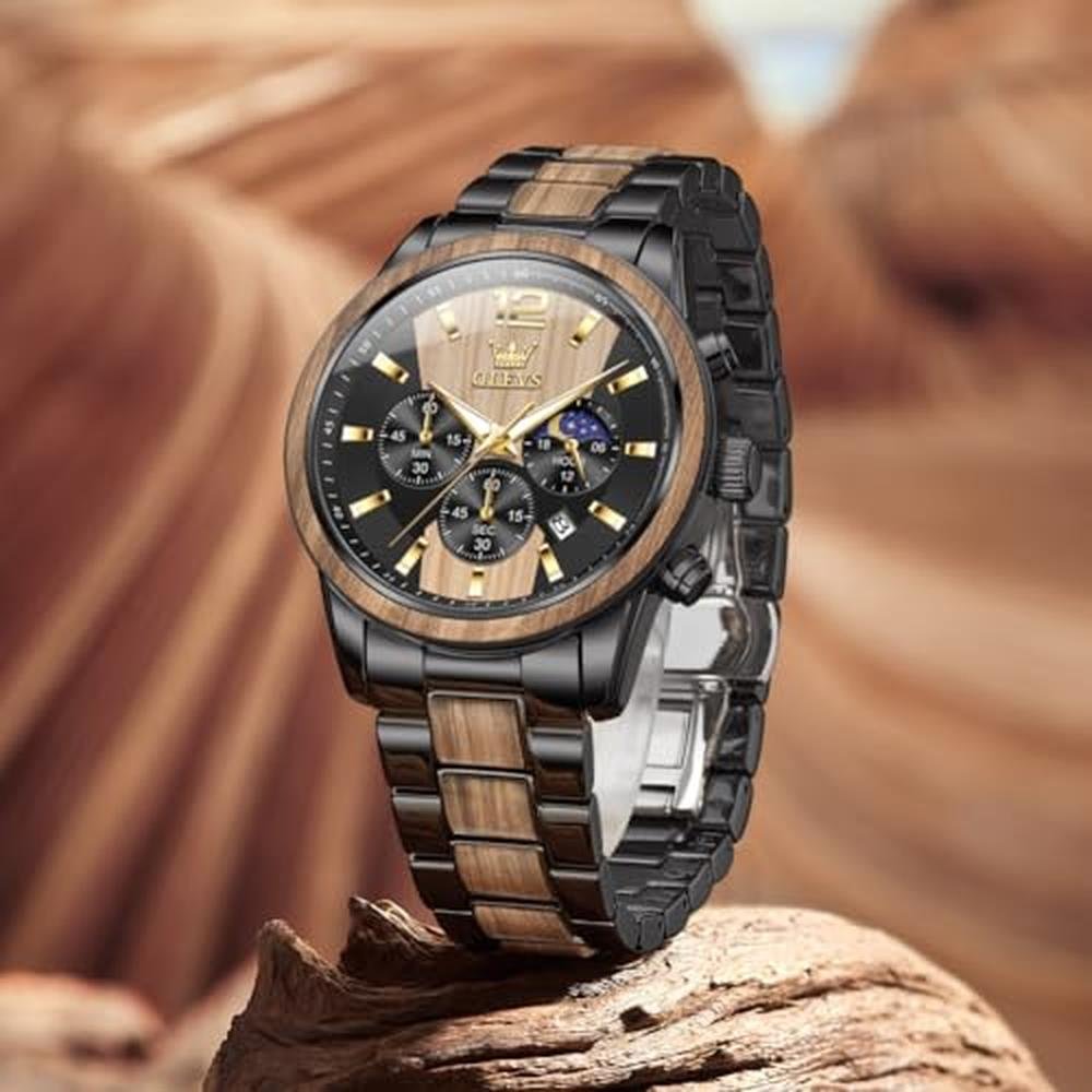 OLEVS Men Watch Analog Quartz Wood Wirst Watches Luxury – In Use