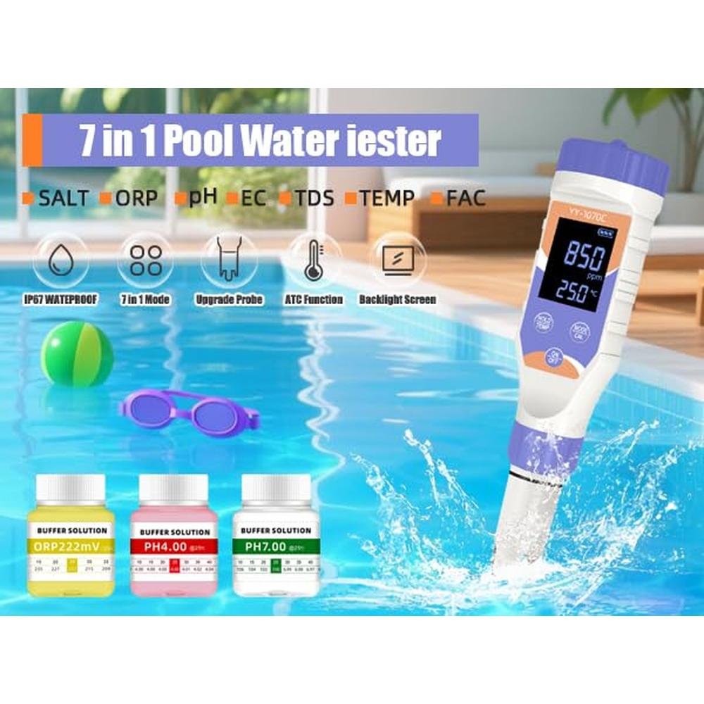 7-in-1 Digital Pool Water Tester for Saltwater Pools & Hot – Side View