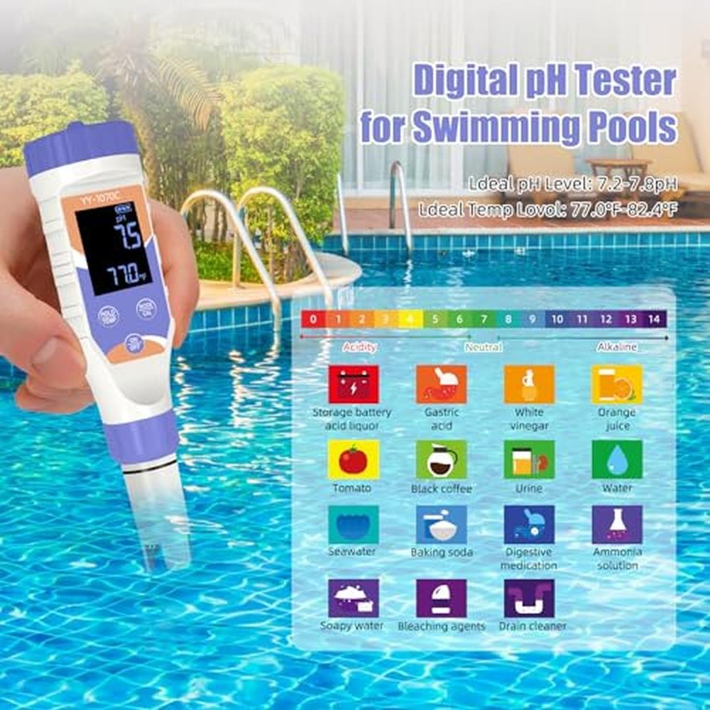 7-in-1 Digital Pool Water Tester for Saltwater Pools & Hot – In Use