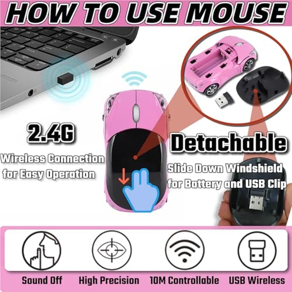 Cute Wireless Mouse: WenTigDY Pink Wireless Car Mouse with – Side View