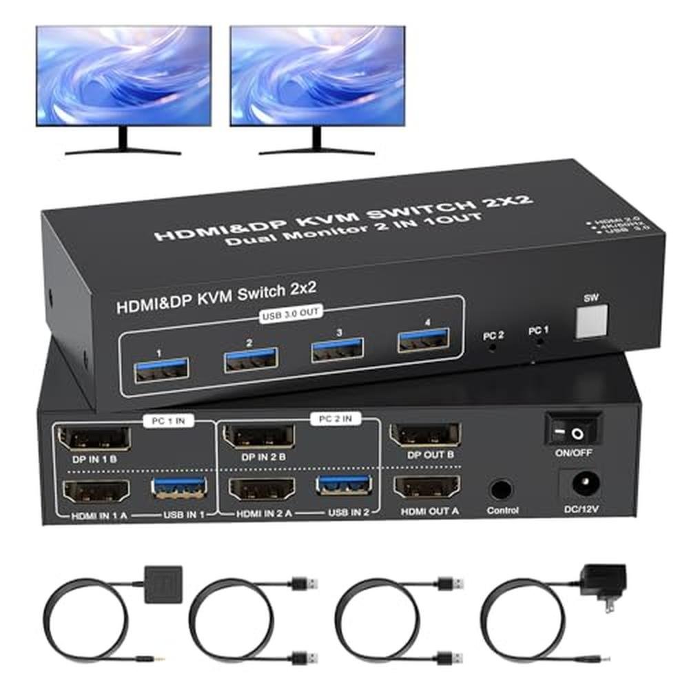 KVM DisplayPort Switch: 4K 60Hz Dual Monitor KVM Switcher – Front View