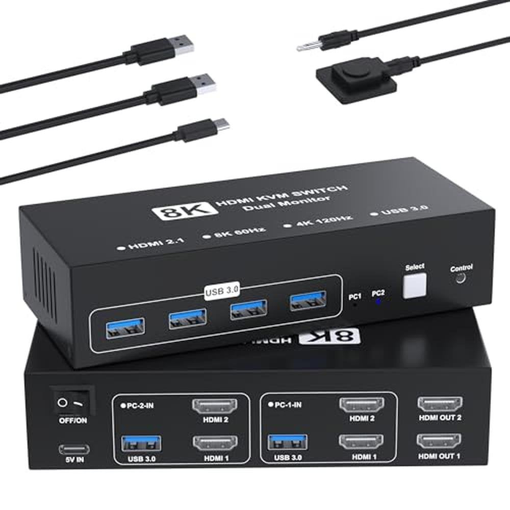 KVM Switch: 8K@60Hz HDMI KVM Switch 2 Monitors 2 Computers – Front View
