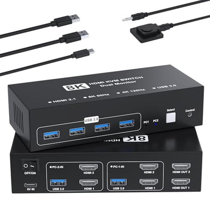 KVM Switch: 8K@60Hz HDMI KVM Switch 2 Monitors 2 Computers – Front View