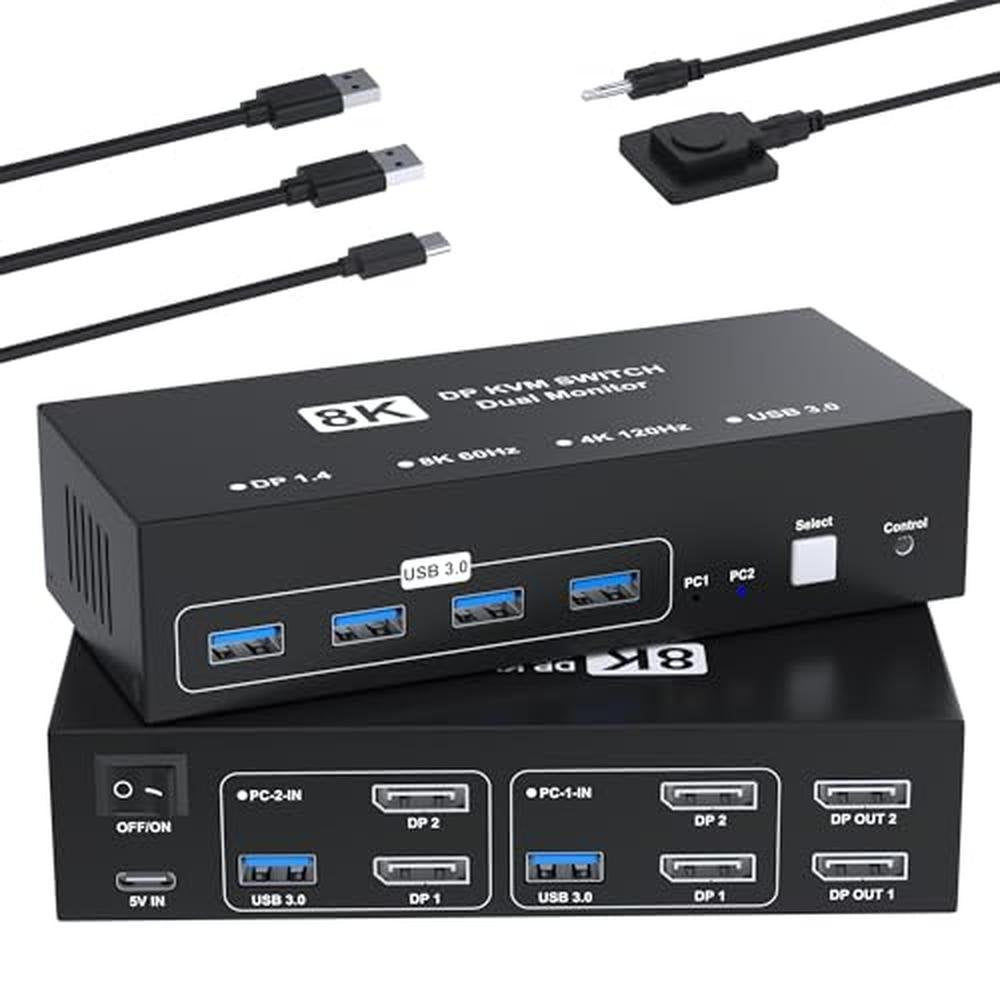 Switch Computers: 8K@60Hz Displayport KVM Switch 2 Monitors – Front View