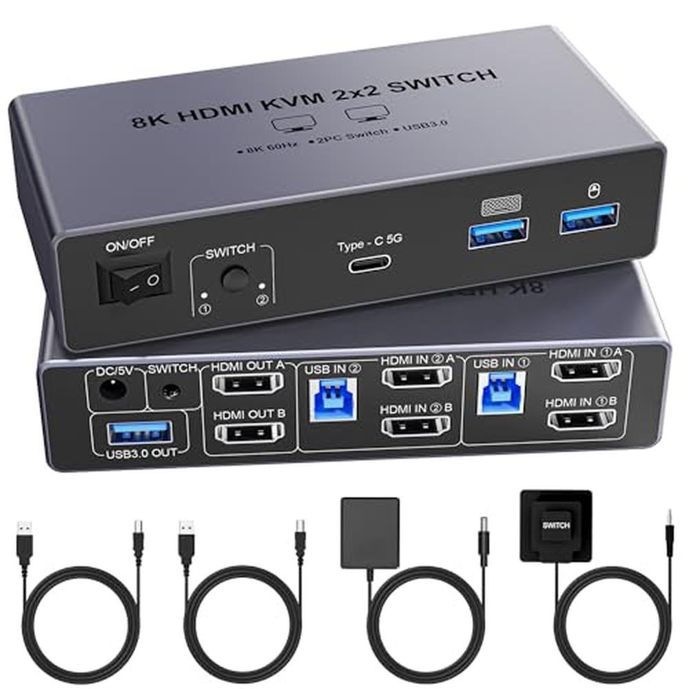 8K@60Hz HDMI KVM Switch: Dual Monitor Support for 2 – Front View