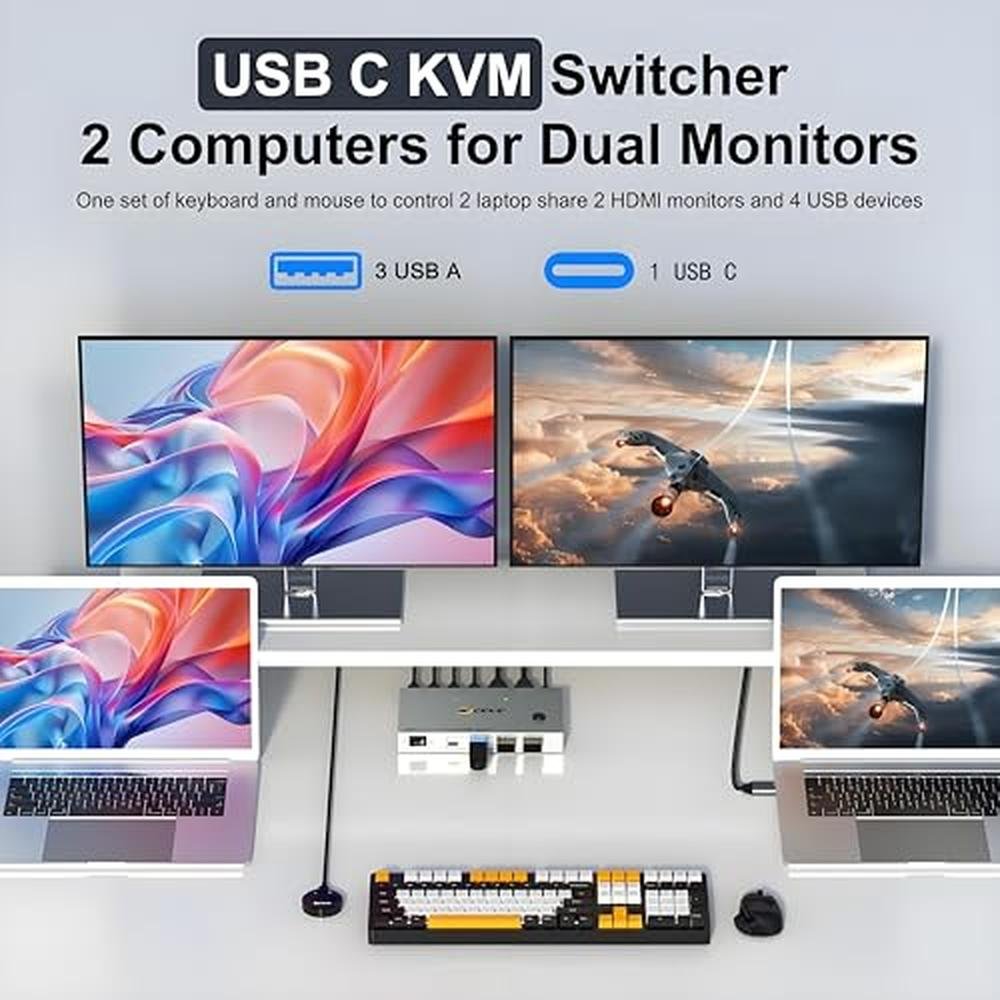 KVM Switch: Dual Monitor 2 Laptops USB C 4K 60Hz – Side View